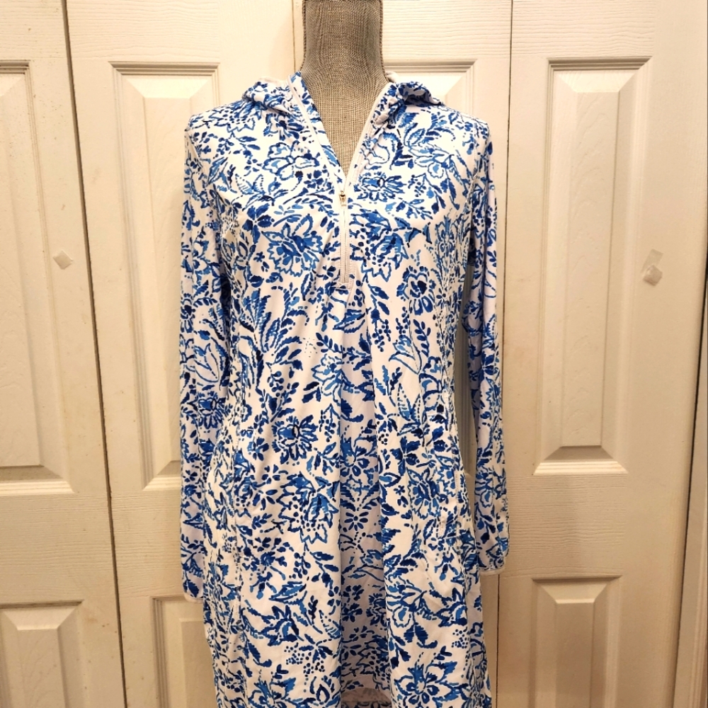 HDE Indigo Blue and White Floral Hoodie Dress